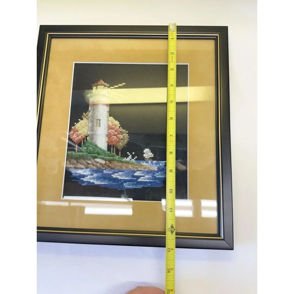 Vintage Completed Light House Ocean Cross Stitch Framed Picture 13